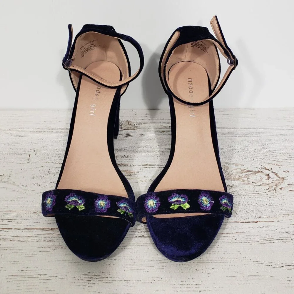 Madden Girl Purple Velvet Embroidered Floral Open Toe Heels Behave Size 10